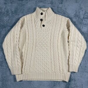 VTG LL Bean Fisherman Cable Knit Sweater Leather Buttons 100% Wool Ireland SZ L